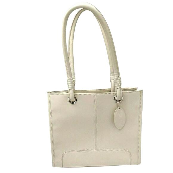 Vtg Off White Leather Black Rivet Shoulder Handbag - Picture 1 of 10